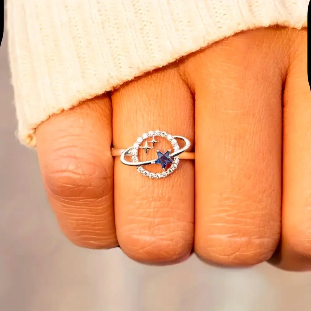 Star and Moon Ring, Planet and Star Ring, Cubic Zirconia Star and Planet Ring